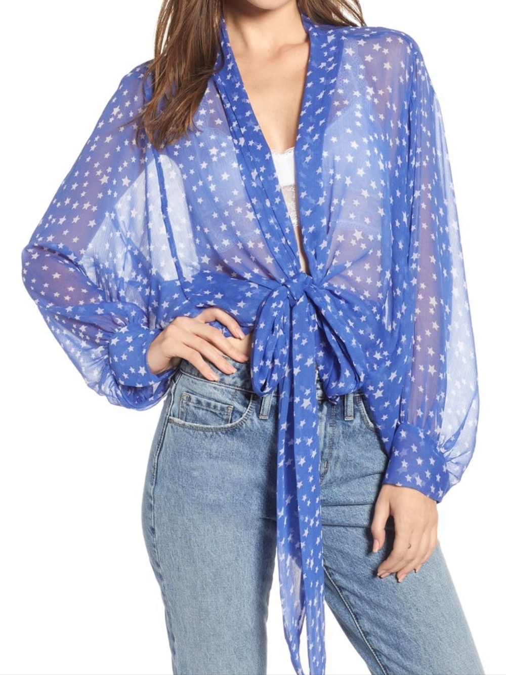 Free People Star Dazed Tie Front Kimono One Size Blue Sheer Festival Bohemian